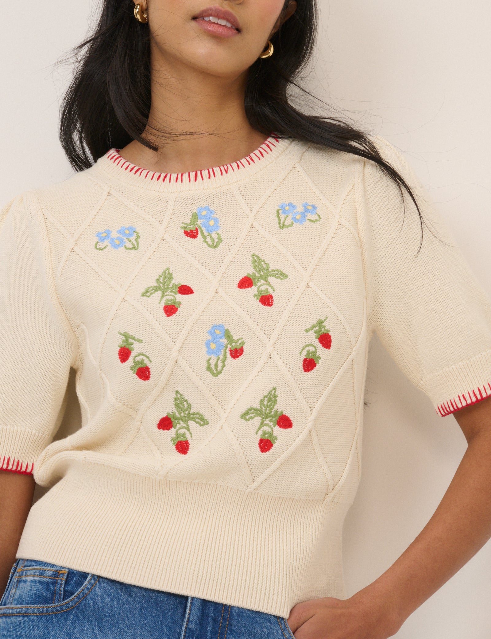 Cream Strawberry Embroidered  Knitted T-Shirt