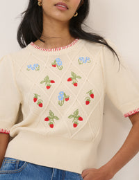 Cream Strawberry Embroidered  Knitted T-Shirt