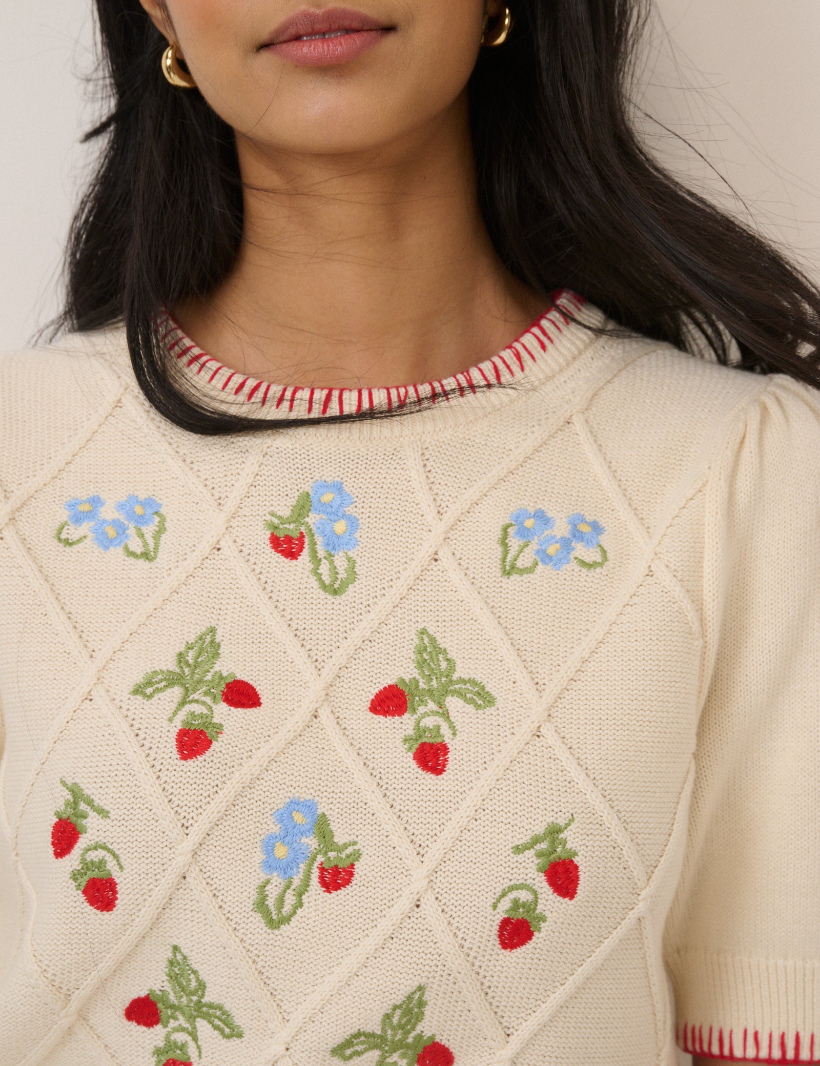 Cream Strawberry Embroidered  Knitted T-Shirt