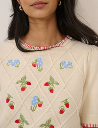Cream Strawberry Embroidered  Knitted T-Shirt