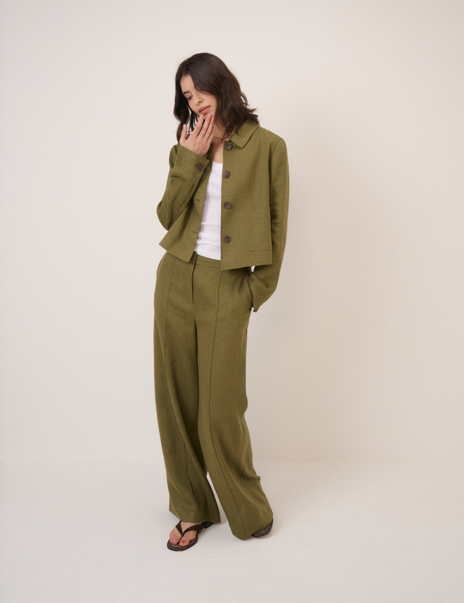 Khaki Linen-Blend Wide Leg Tailored Trousers