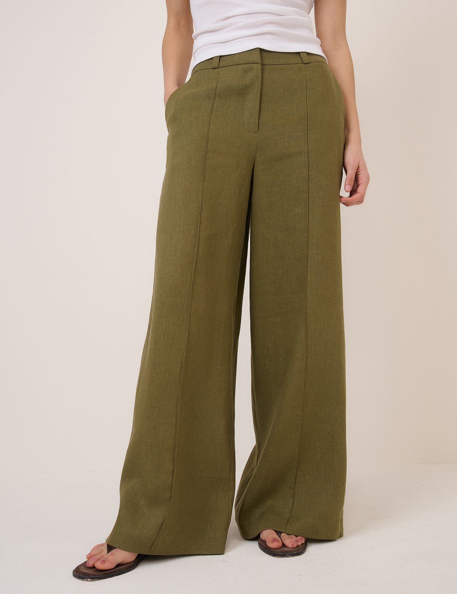 Khaki Linen-Blend Wide Leg Tailored Trousers
