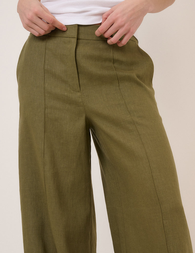Khaki Linen-Blend Wide Leg Tailored Trousers