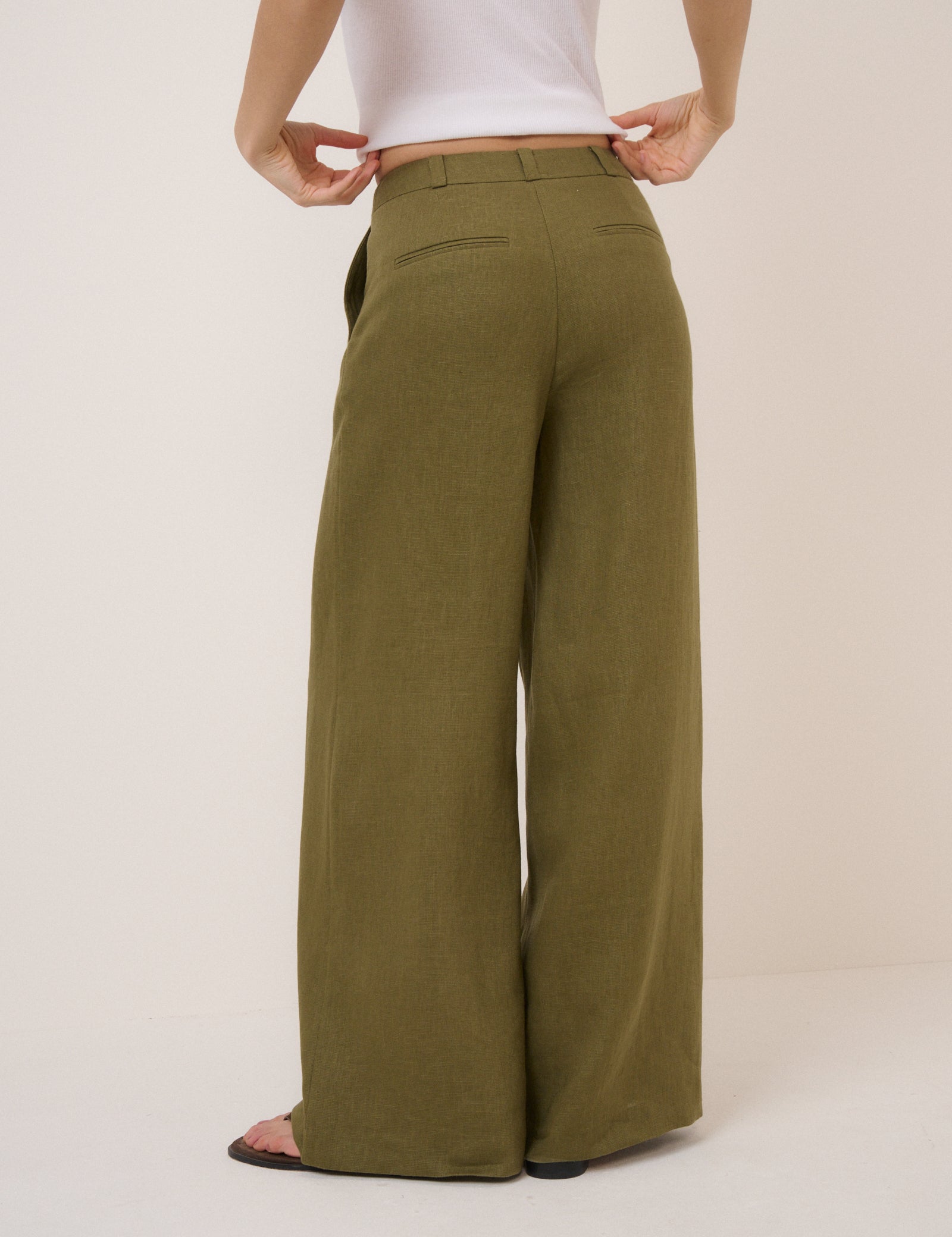 Khaki Linen-Blend Wide Leg Tailored Trousers