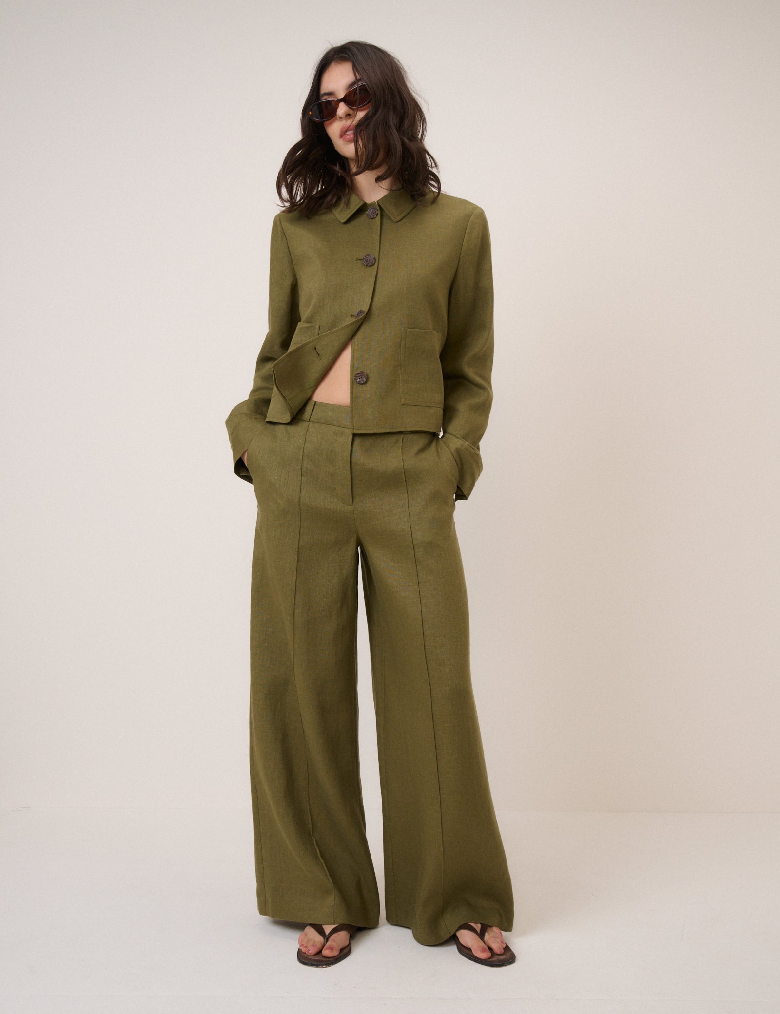 Khaki Linen-Blend Wide Leg Tailored Trousers