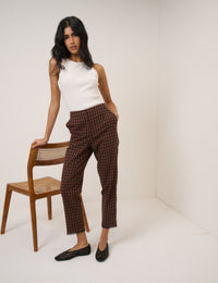 Brown Gingham Lace Trim Cigarette Trousers