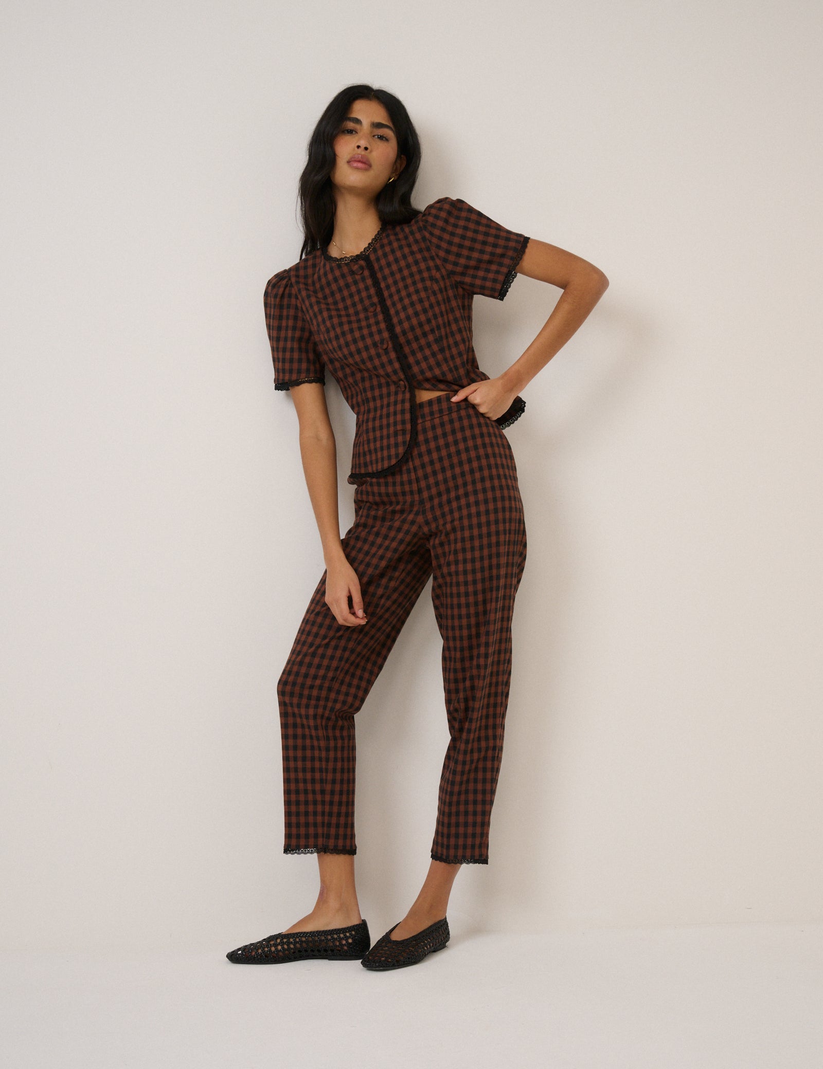 Brown Gingham Lace Trim Cigarette Trousers