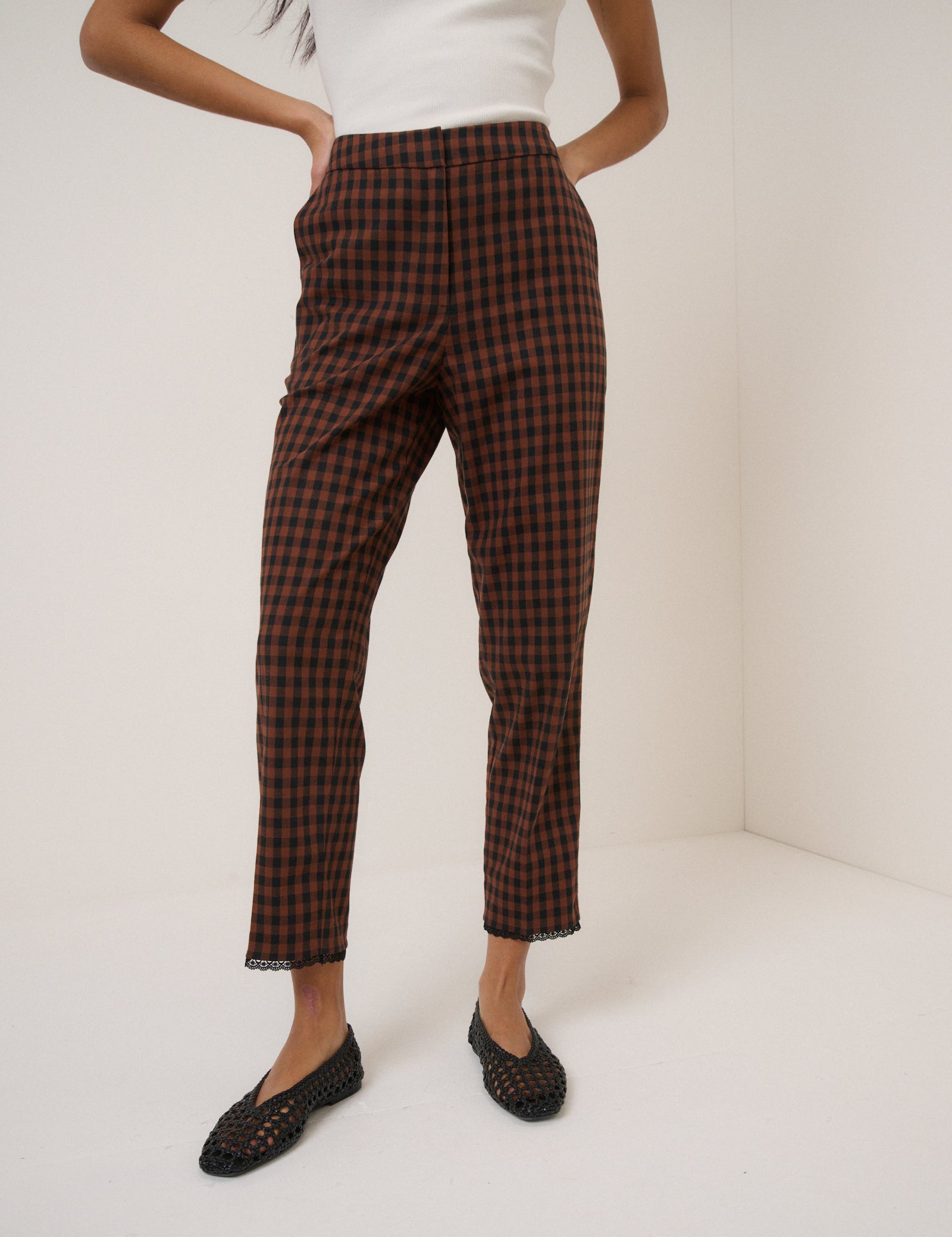 Brown Gingham Lace Trim Cigarette Trousers