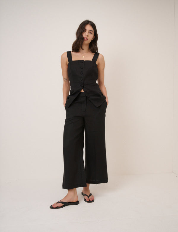 Black Cropped Flat Front Trousers