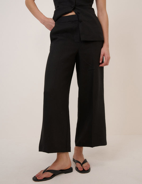 Black Cropped Flat Front Trousers