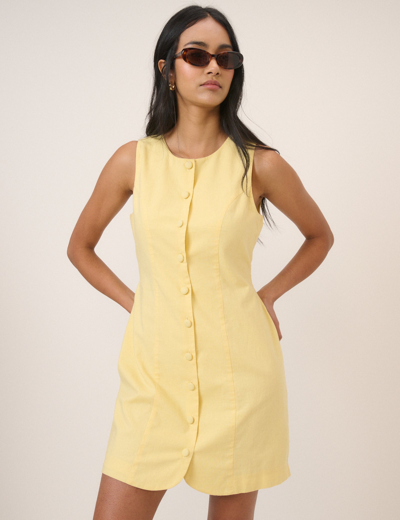 Yellow Button Through Linen-Blend Tailored Polly Mini Dress Yellow Button Through Linen-Blend Tailored Polly Mini Dress