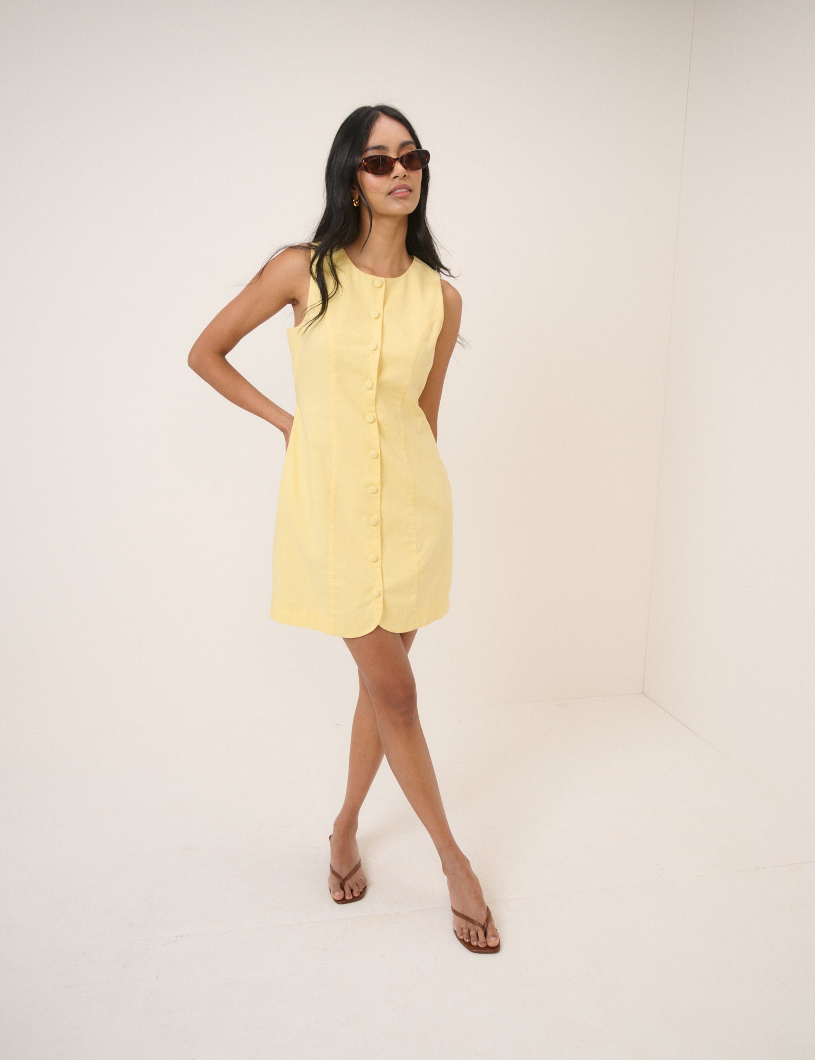 Yellow Button Through Linen-Blend Tailored Polly Mini Dress Yellow Button Through Linen-Blend Tailored Polly Mini Dress
