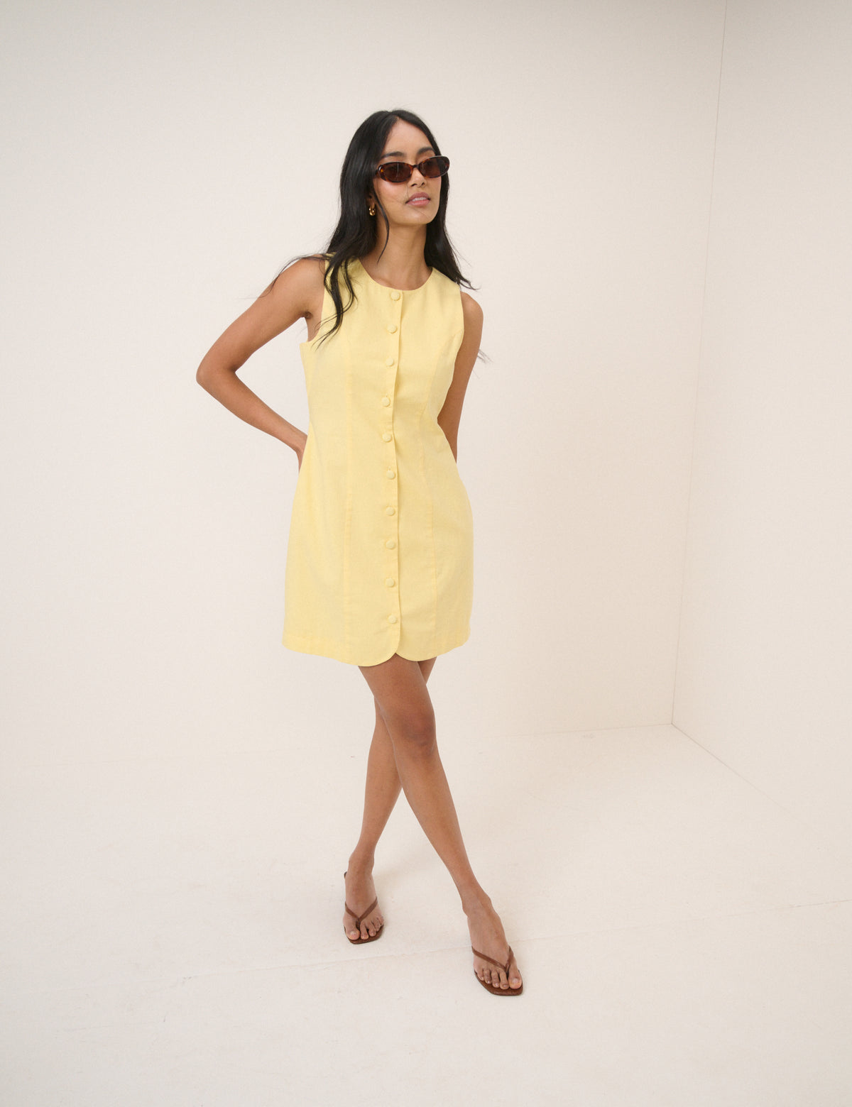 Yellow Button Through Linen-Blend Tailored Polly Mini Dress