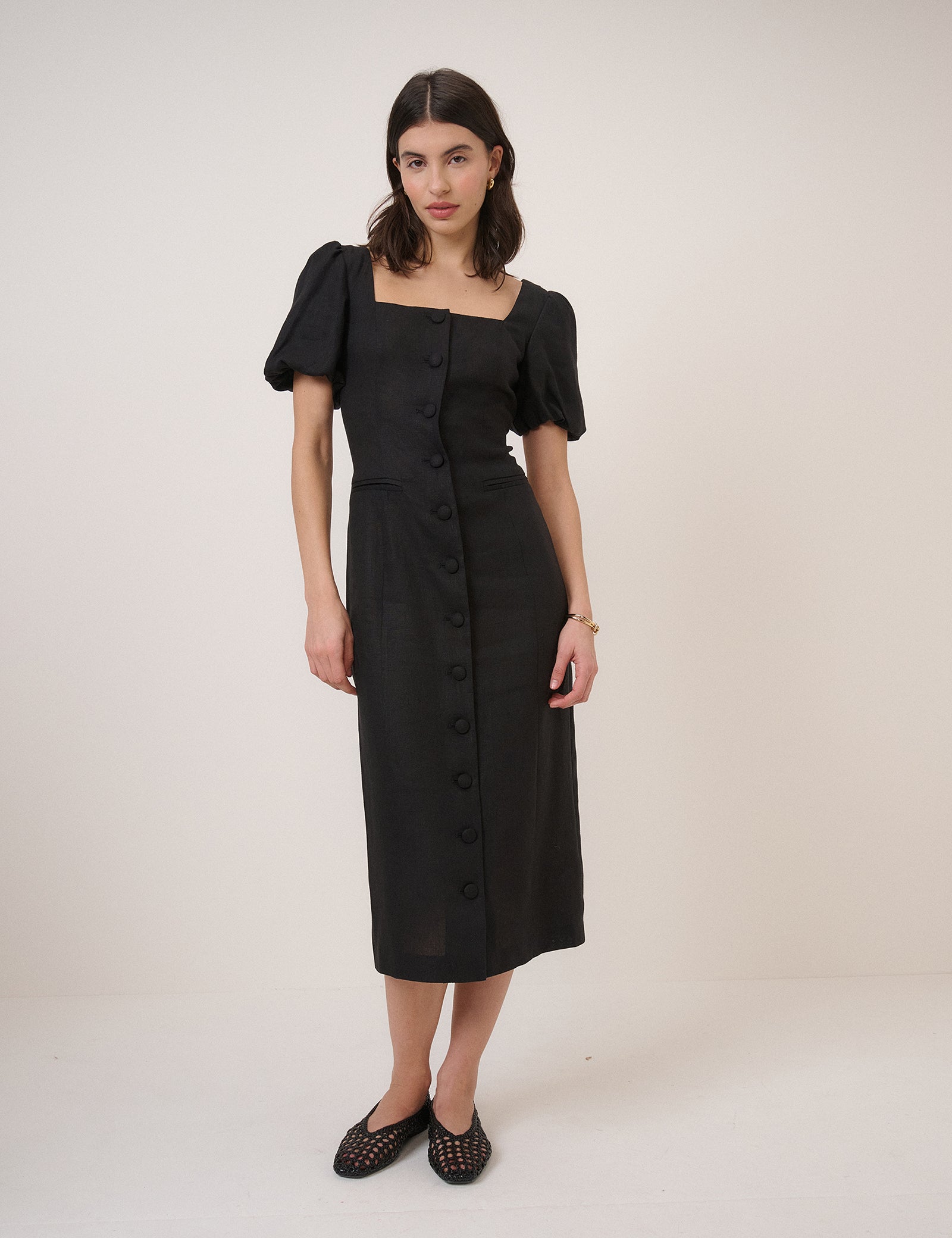 Black Linen-Blend Tailored Midi Dress Black Linen-Blend Tailored Midi Dress