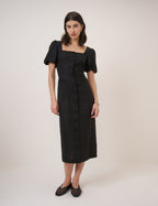Black Linen-Blend Puff Sleeve Midi Dress
