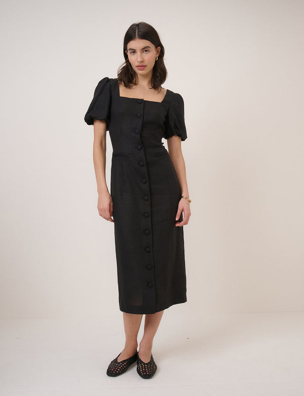 Black Linen-Blend Tailored Midi Dress