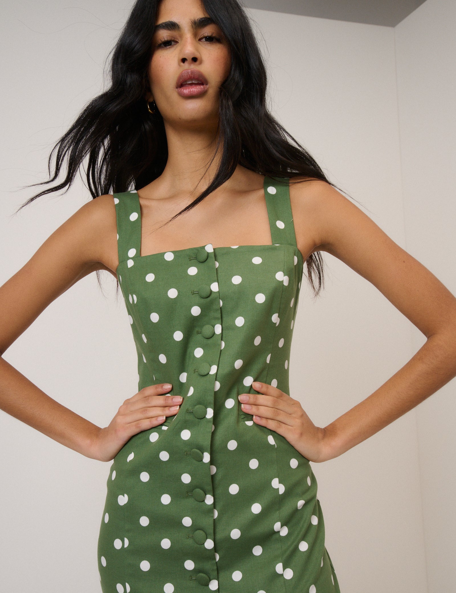 Green Polka Dot Strappy Tailored Dress Green Polka Dot Strappy Tailored Dress
