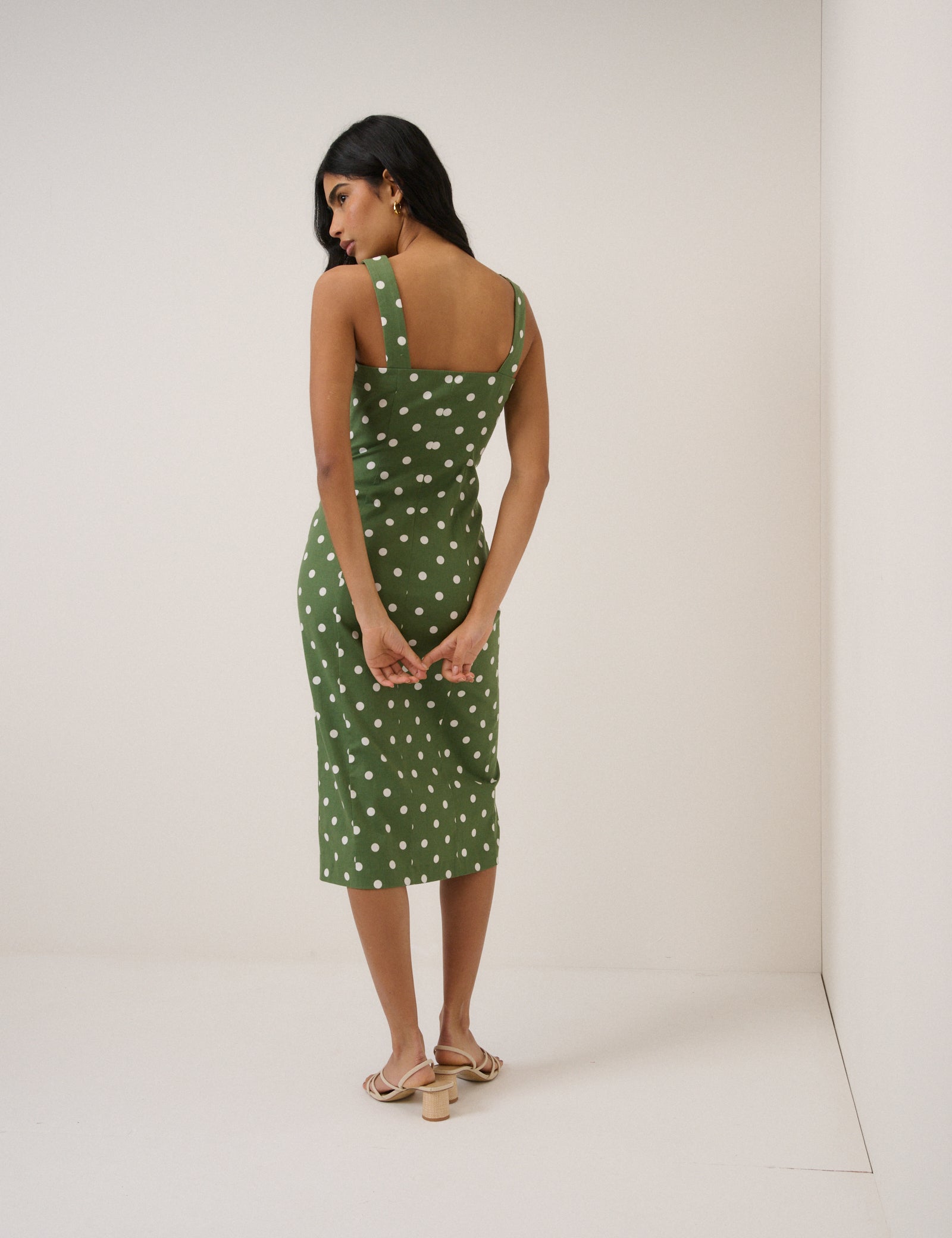 Green Polka Dot Strappy Tailored Dress Green Polka Dot Strappy Tailored Dress