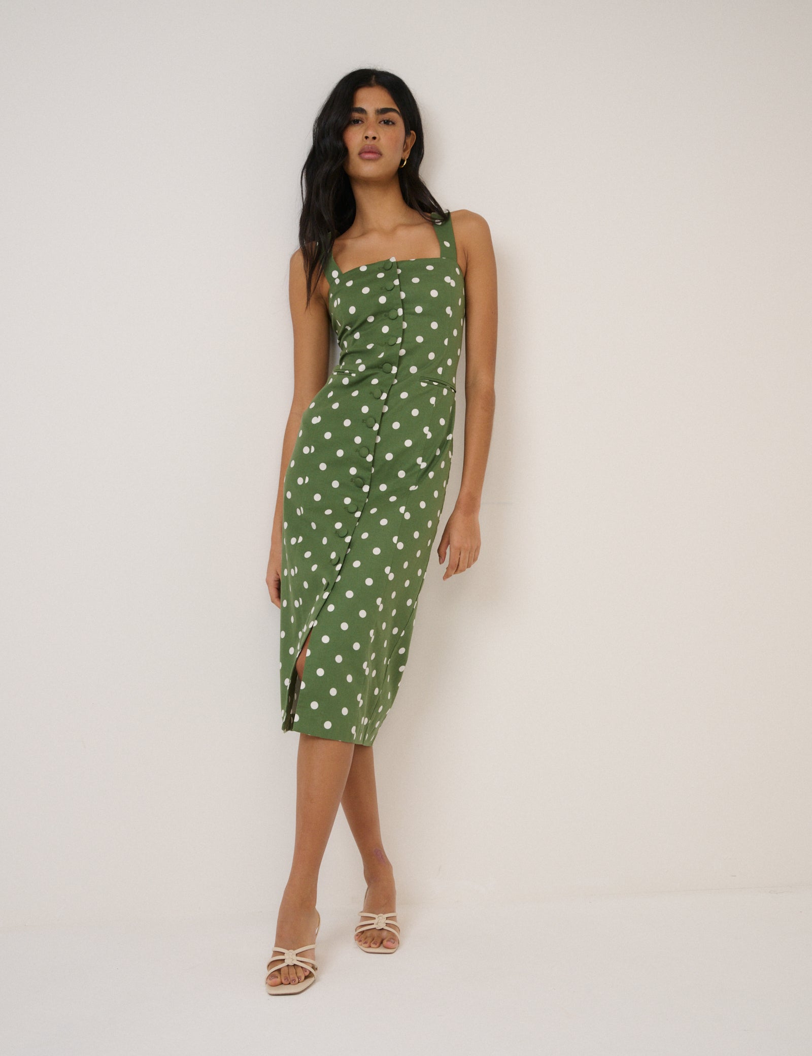 Green Polka Dot Strappy Tailored Dress Green Polka Dot Strappy Tailored Dress