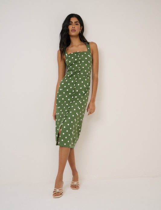 Green Polka Dot Strappy Tailored Dress Green Polka Dot Strappy Tailored Dress
