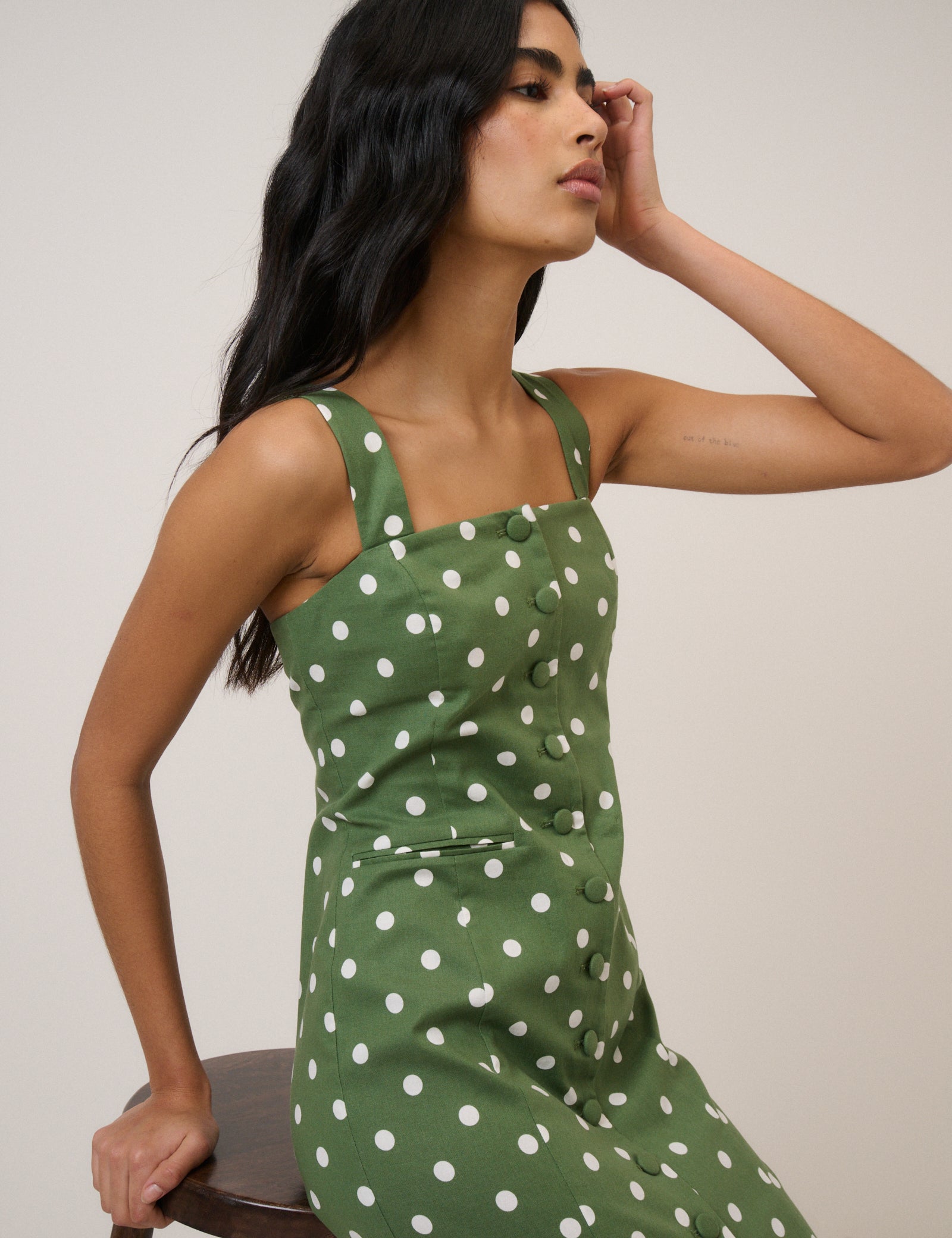 Green Polka Dot Strappy Tailored Dress Green Polka Dot Strappy Tailored Dress