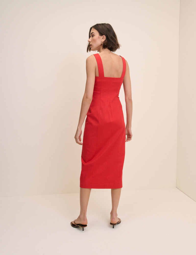 Red Square Neck Button Front Dress