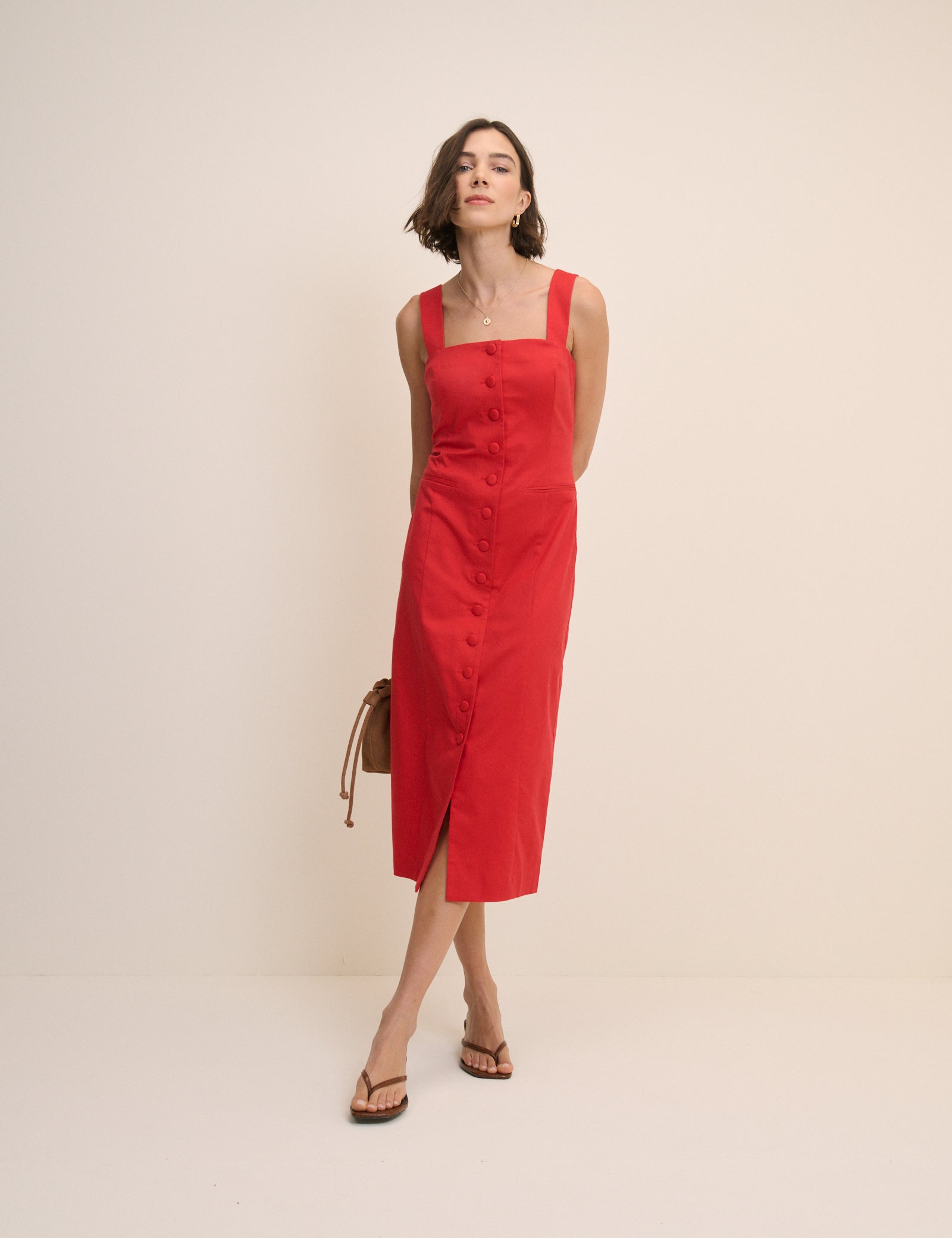 Red Square Neck Tailored Dress