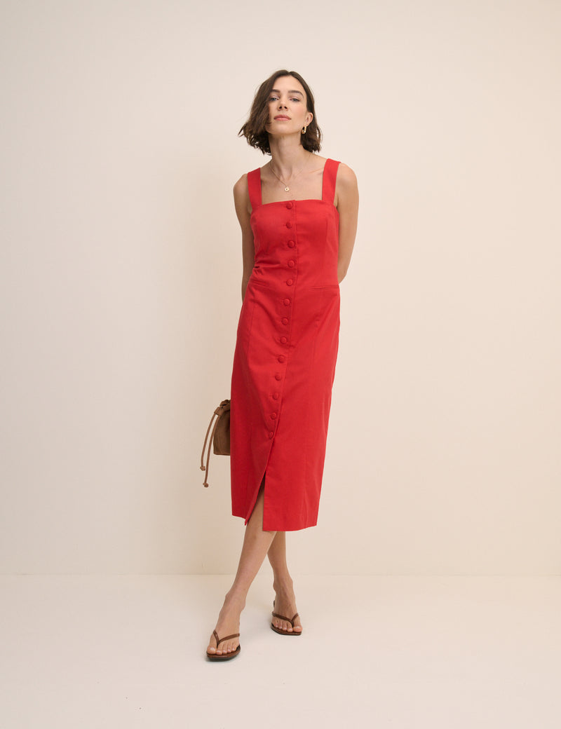 Red Square Neck Button Front Dress