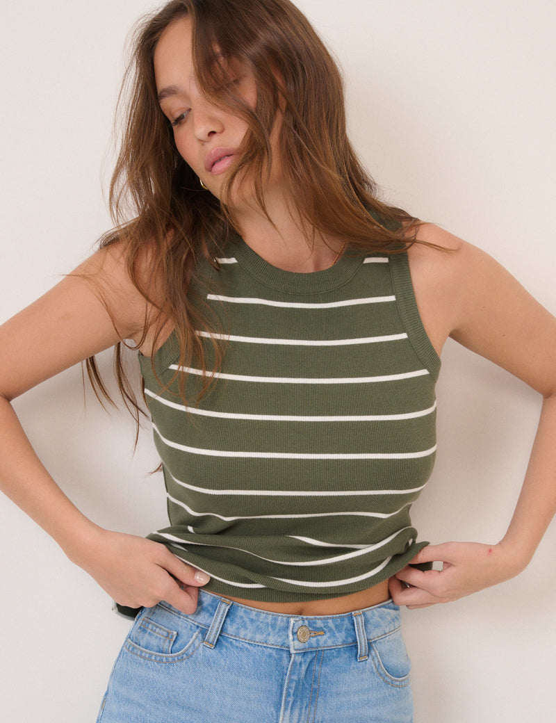 Green Striped Ribbed Racer Vest