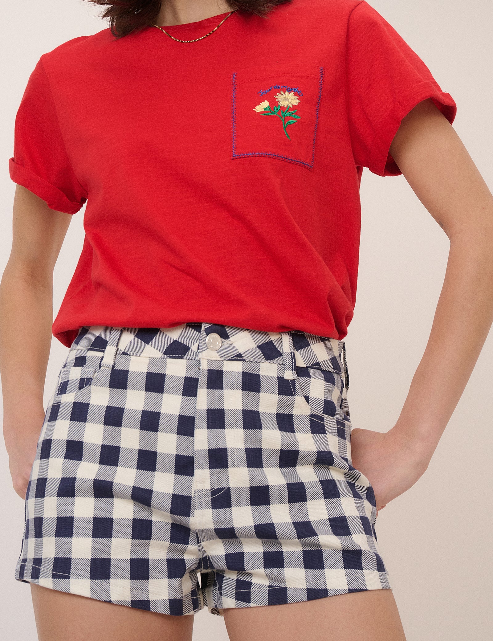 Navy Denim Gingham Mini Shorts