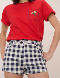 Navy Denim Gingham Mini Shorts