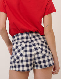 Navy Denim Gingham Mini Shorts