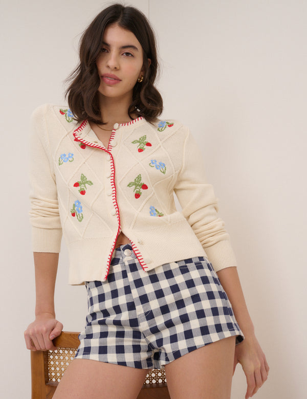 Navy Denim Gingham Mini Shorts