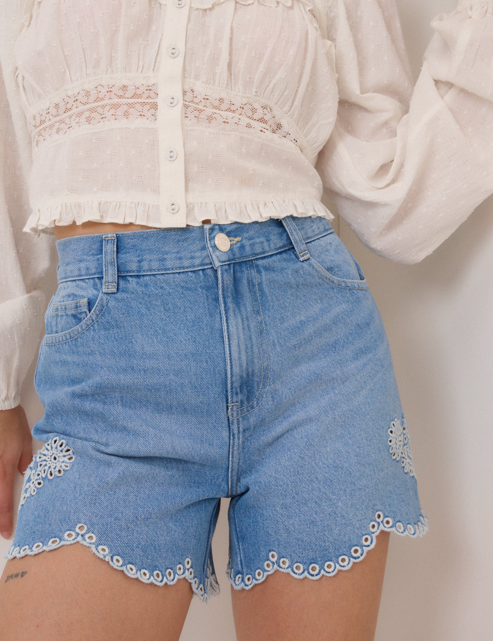 Blue Denim Embroidered Shorts