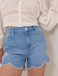 Blue Denim Embroidered Shorts