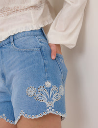 Blue Denim Embroidered Shorts