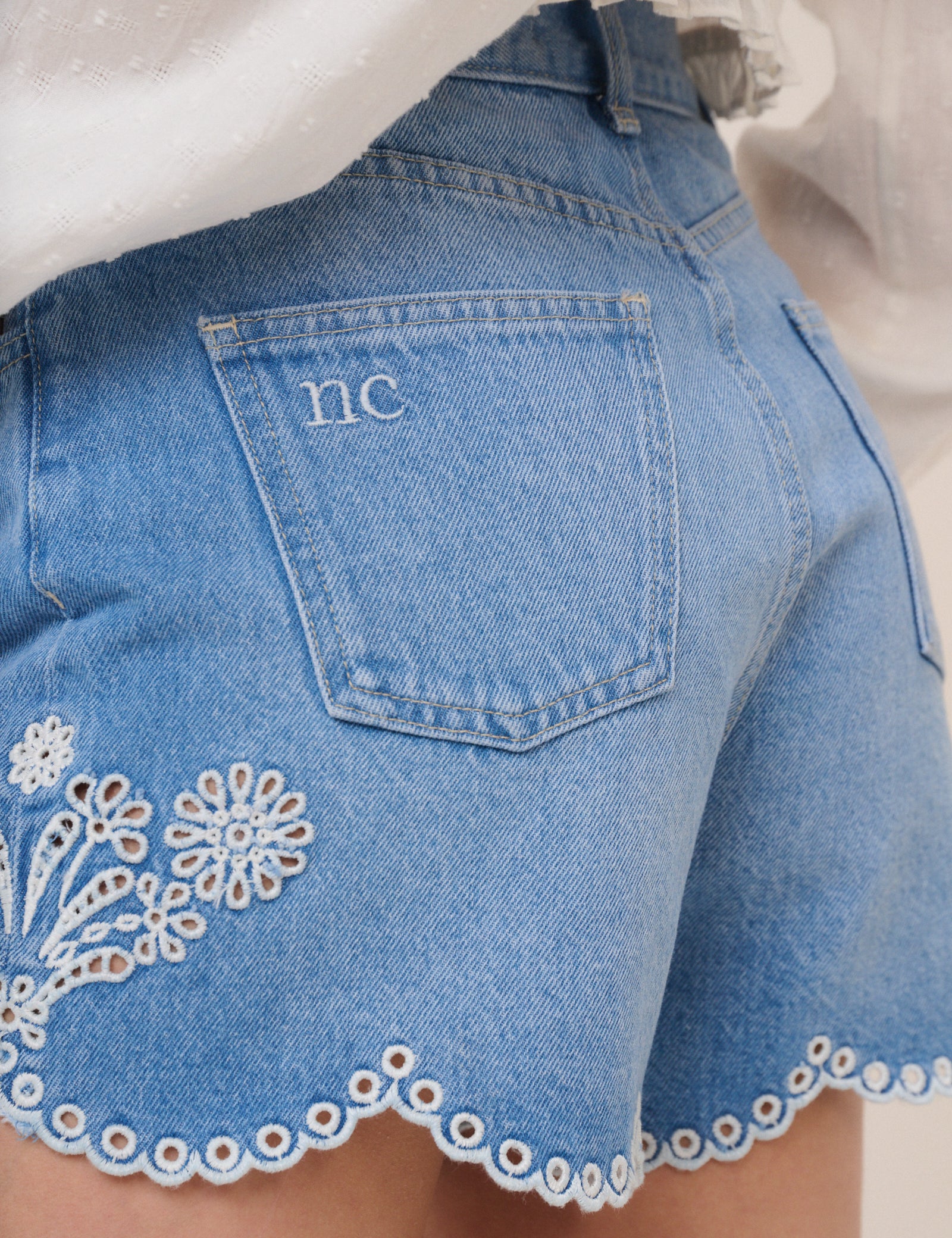 Blue Denim Embroidered Shorts