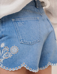 Blue Denim Embroidered Shorts