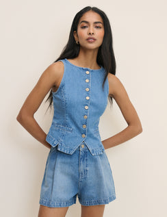 Blue Mid Rise Denim Shorts