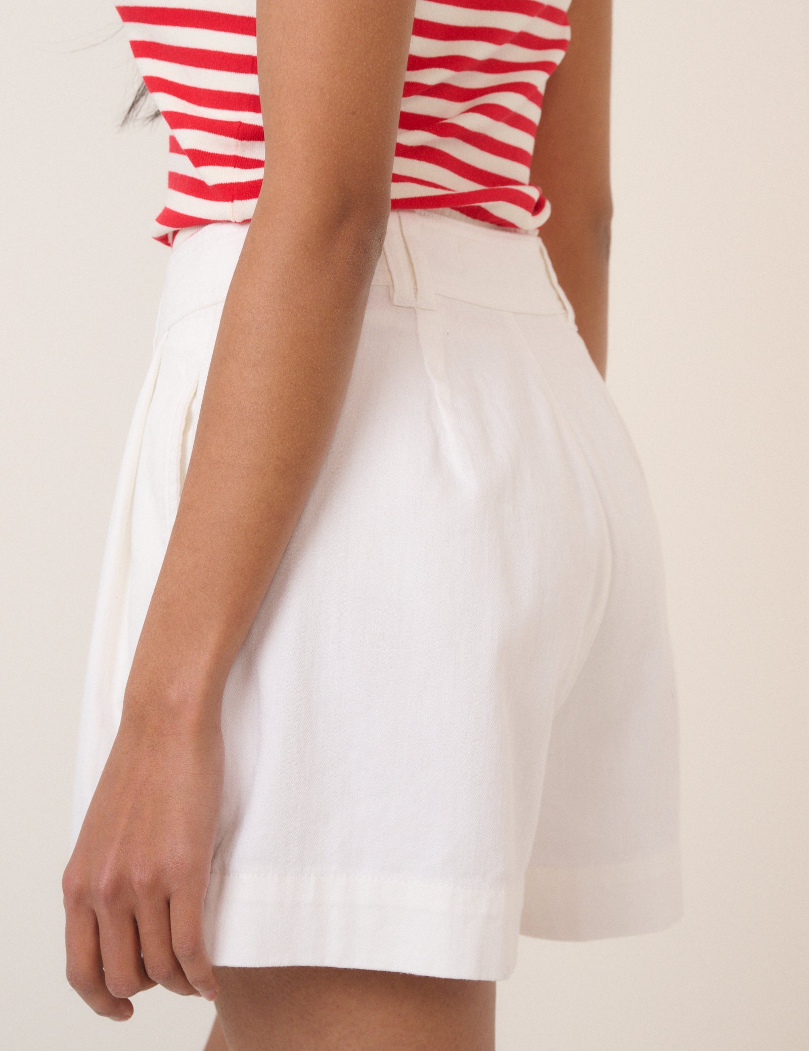 White Denim Pleated High Waisted Shorts