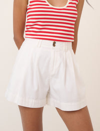 White Denim Pleated High Waisted Shorts