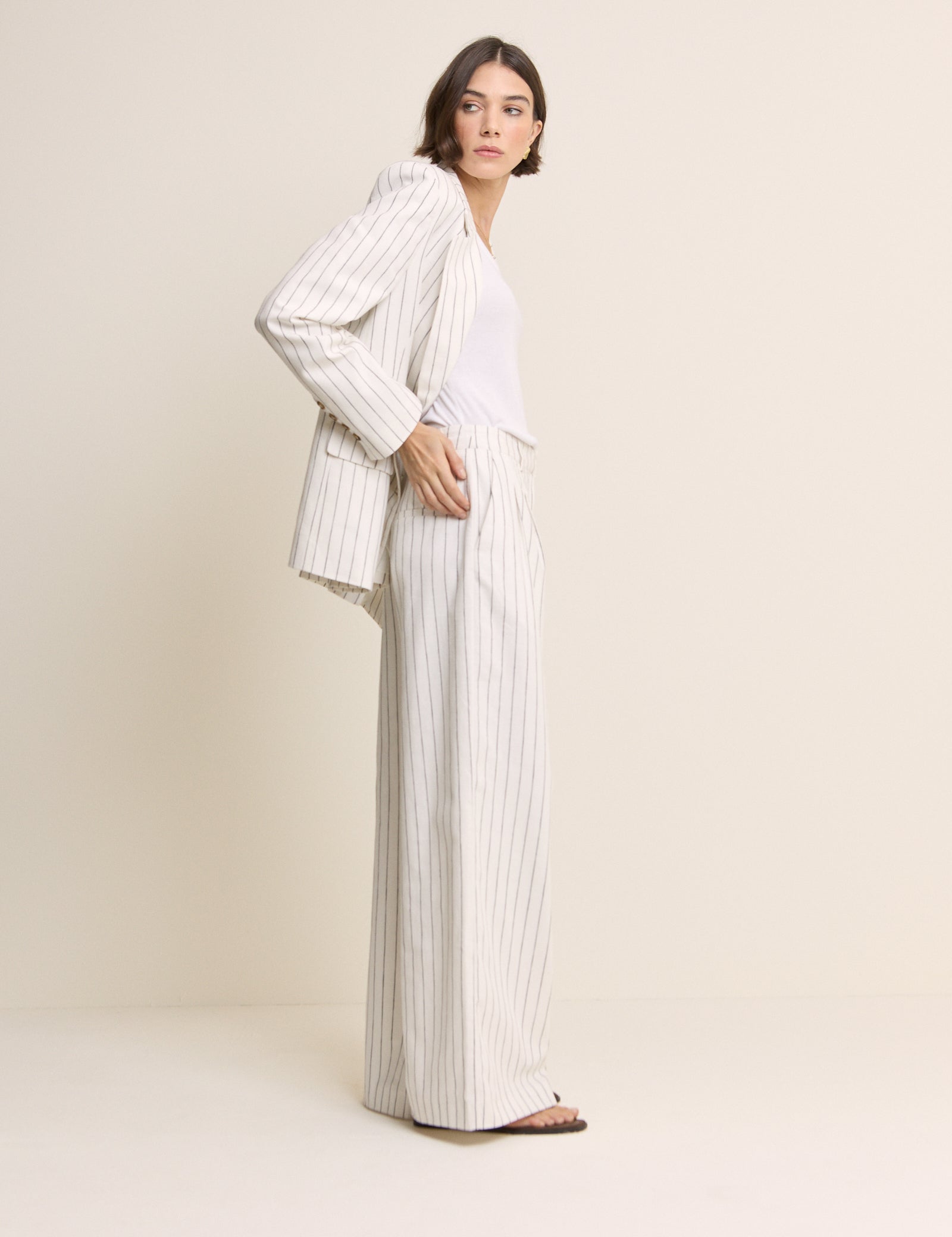 White Pinstripe Linen-Blend Wide Leg Trousers