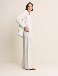 White Pinstripe Linen-Blend Wide Leg Trousers