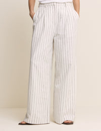 White Pinstripe Linen-Blend Wide Leg Trousers