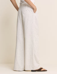 White Pinstripe Linen-Blend Wide Leg Trousers