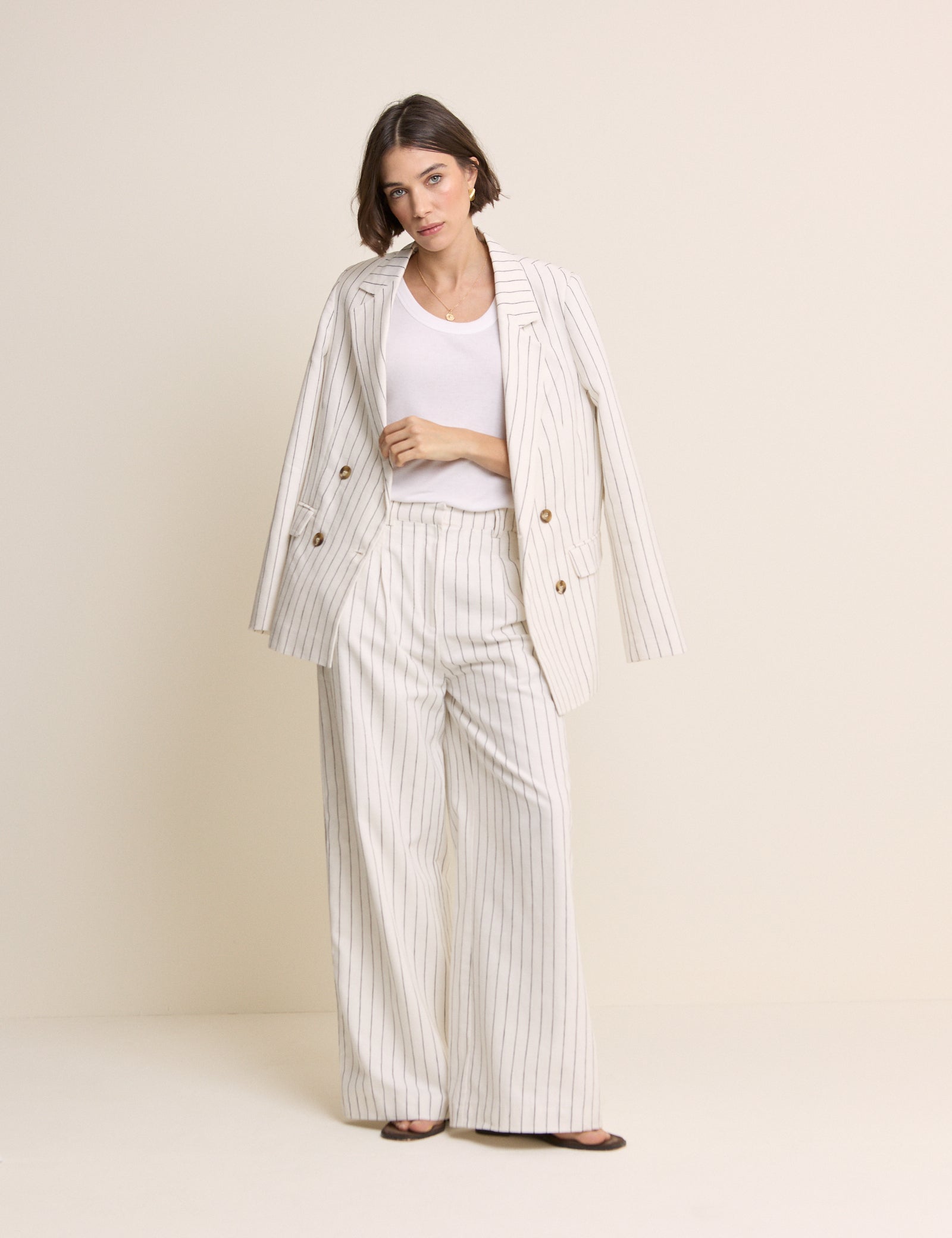 White Pinstripe Linen-Blend Wide Leg Trousers