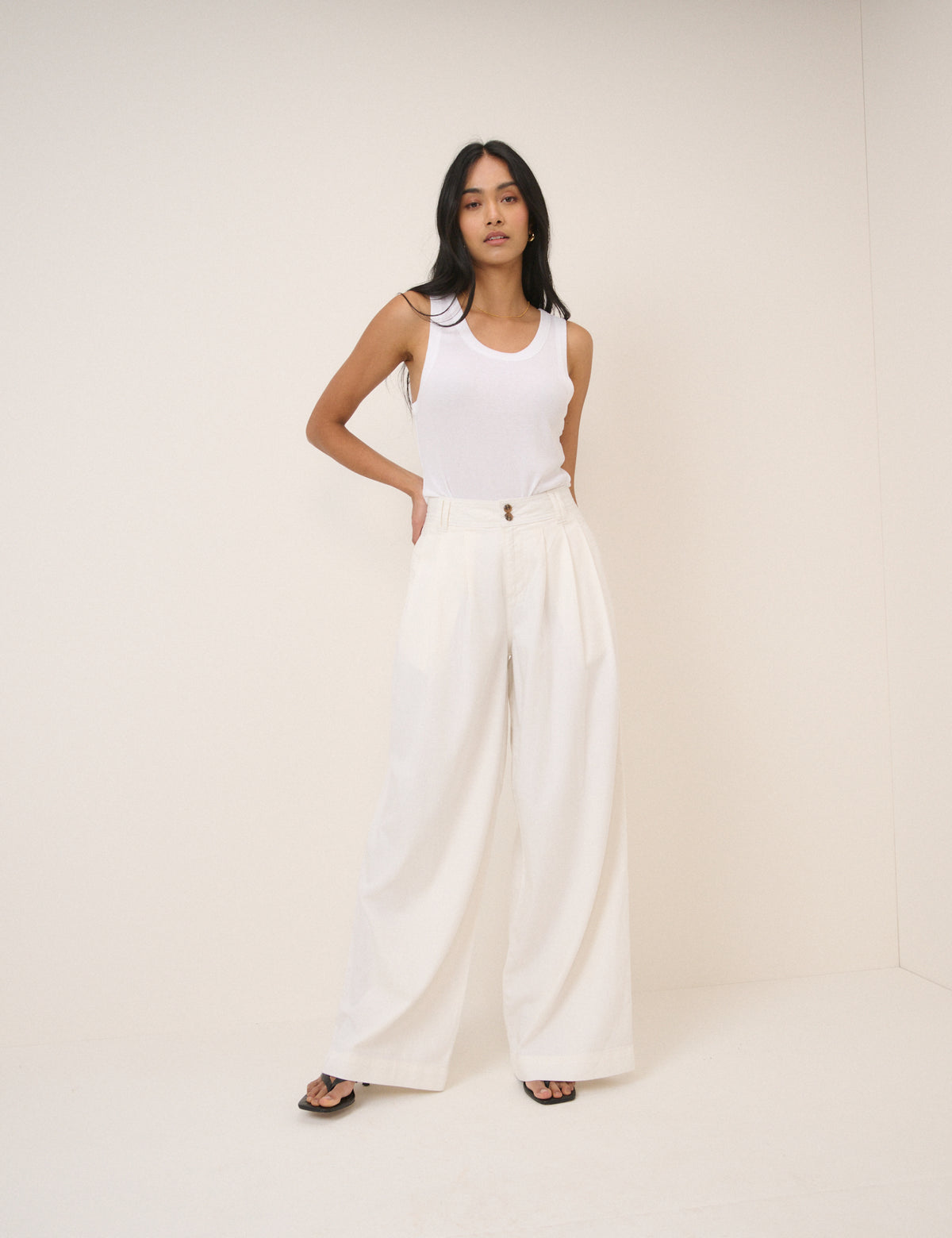 White Pleated Wide Leg Trousers