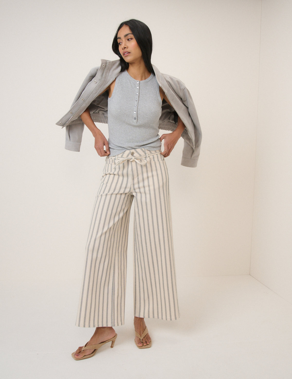 Ecru Striped Cropped Soho Wide Jeans