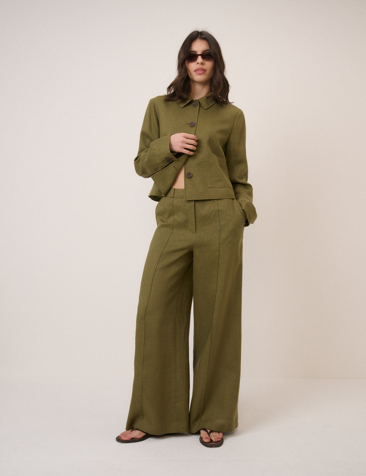 Khaki Linen-Blend Boxy Jacket