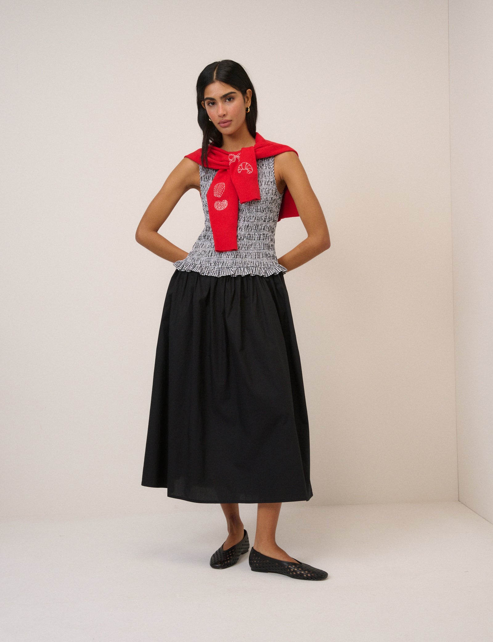 Gingham Shirred Bodice Drina Midi Dress